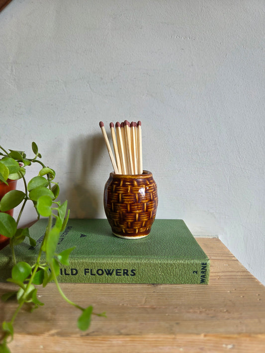 Vintage Swedish Ceramic Pot for Matches or Toothpicks - Dark Brown
