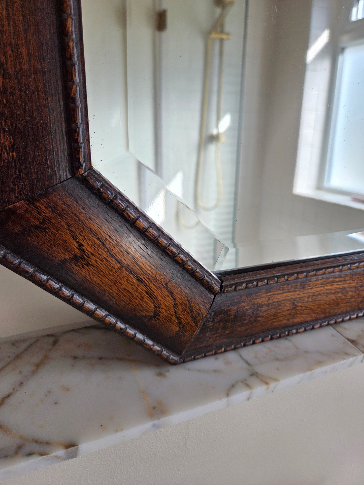 Vintage Oak Hexagonal Mirror with Bobbin Trim Details