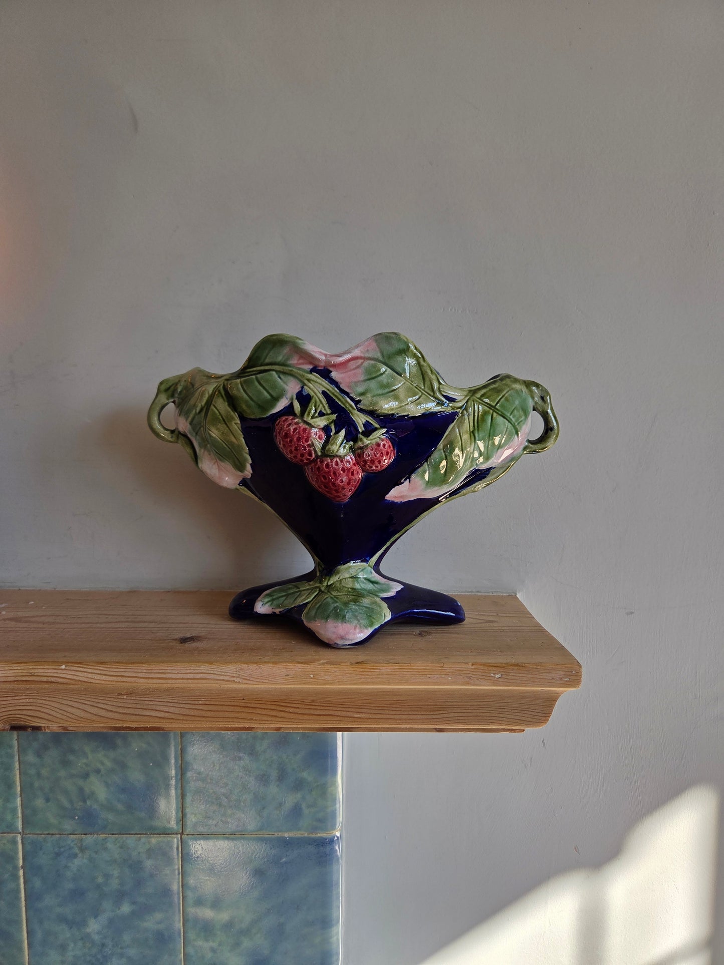 Vintage Pedestal Mantle Vase with Strawberry Motif