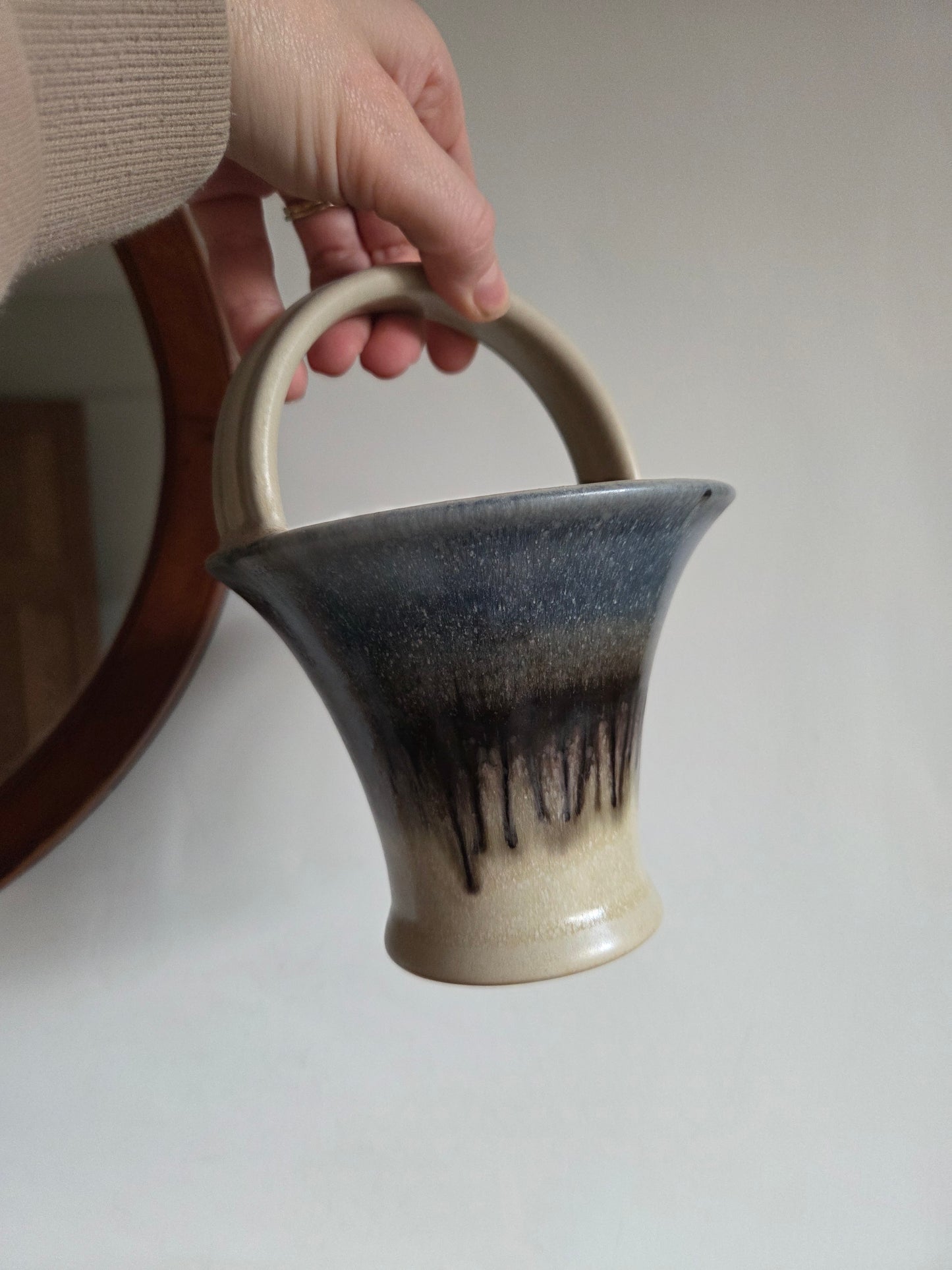 Vintage Studio Pottery Basket Vase with Ombre Drip Glaze