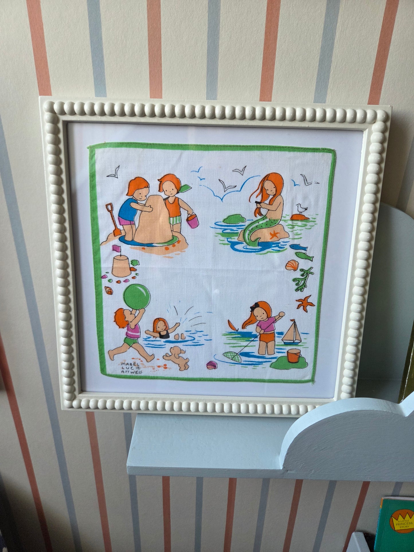 Framed Vintage Mabel Lucie Attwell Handkerchief in Bobbin Frame - Seaside Scene