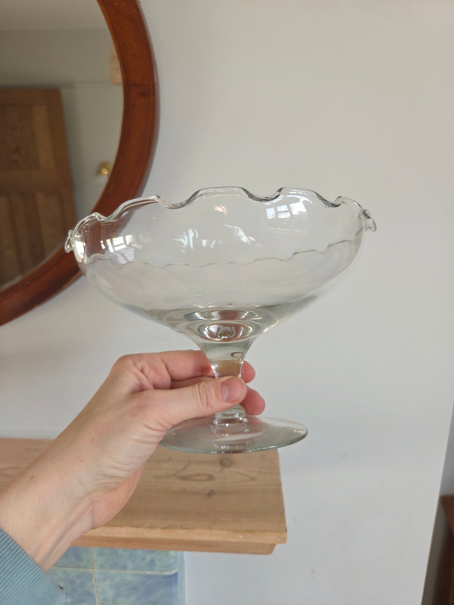 Vintage Glass Frilly Edged Pedestal Bowl