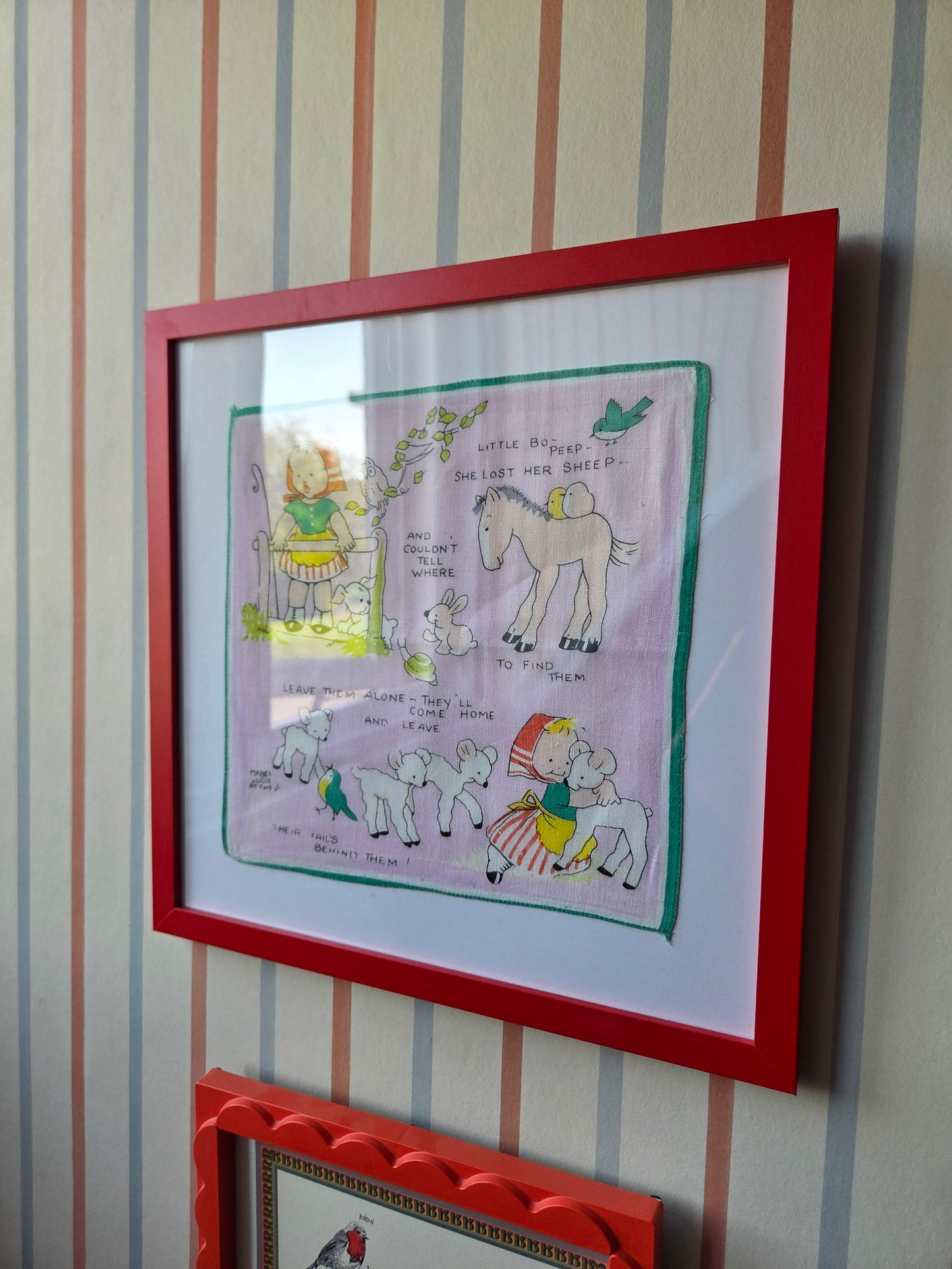 Framed Vintage Mabel Lucie Attwell Handkerchief in Red Frame - Little Bo Peep Nursery Rhyme
