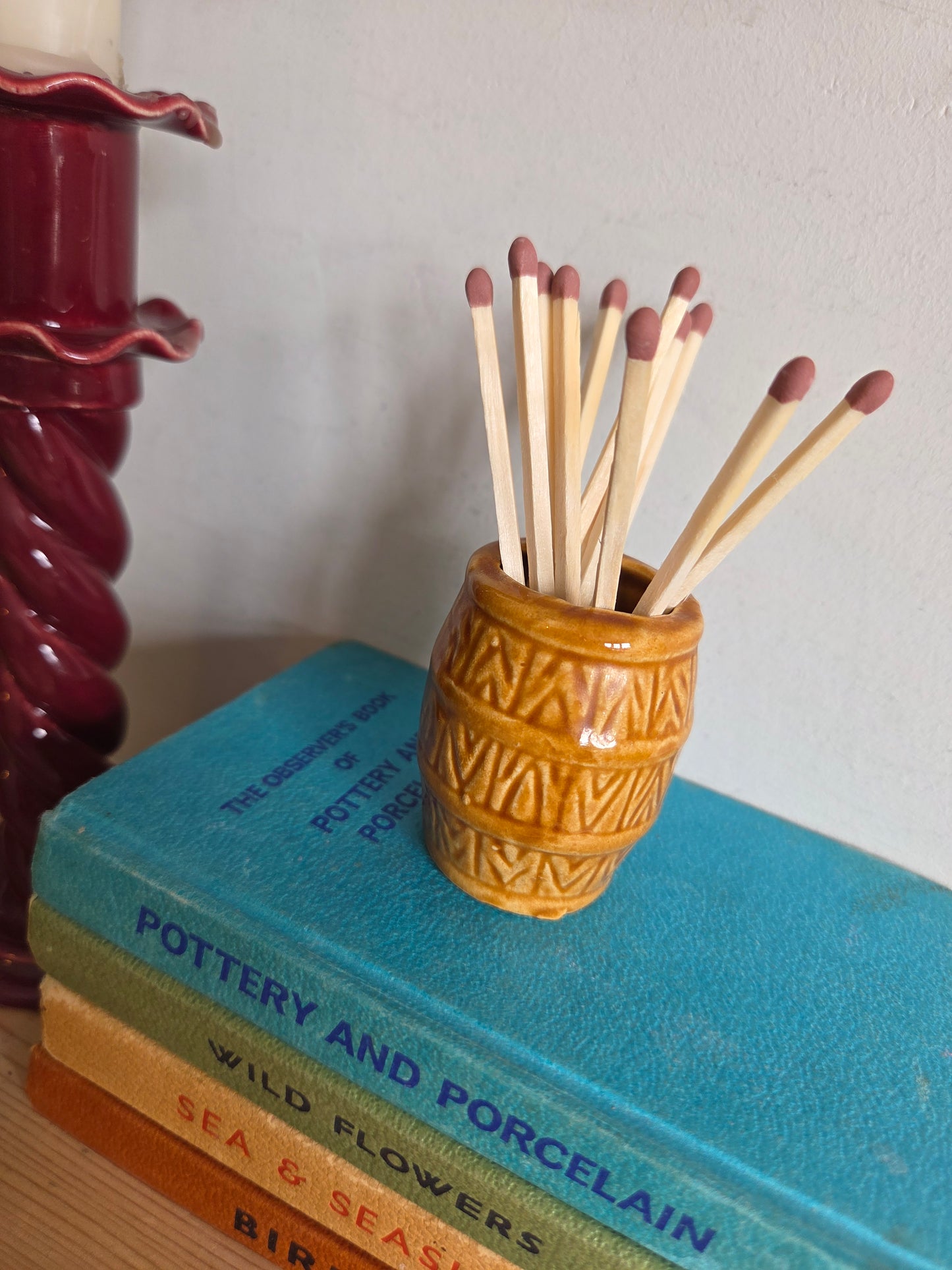 Vintage Swedish Ceramic Pot for Matches or Toothpicks - Light Brown Wood Grain