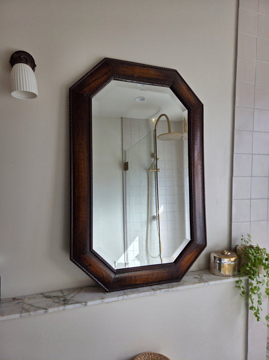 Vintage Oak Hexagonal Mirror with Bobbin Trim Details