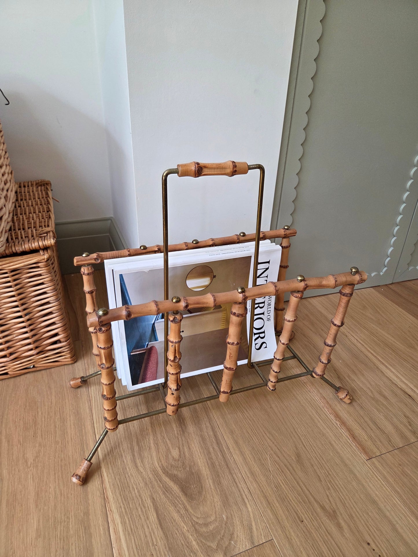 Vintage Brass and Faux Bamboo Magazine Rack