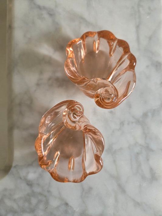 A Pair of Pink Glass Shell Trinket Dishes or Pinch Pots