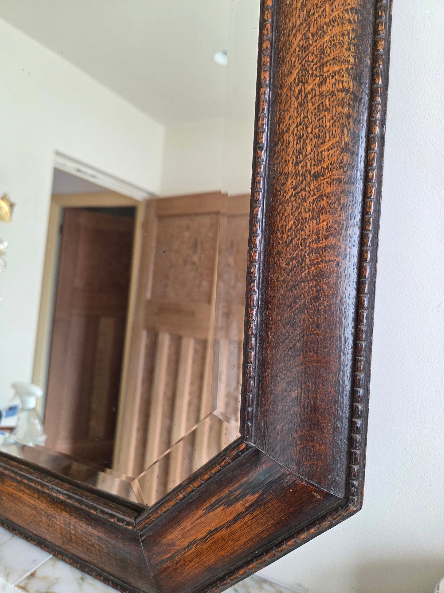 Vintage Oak Hexagonal Mirror with Bobbin Trim Details