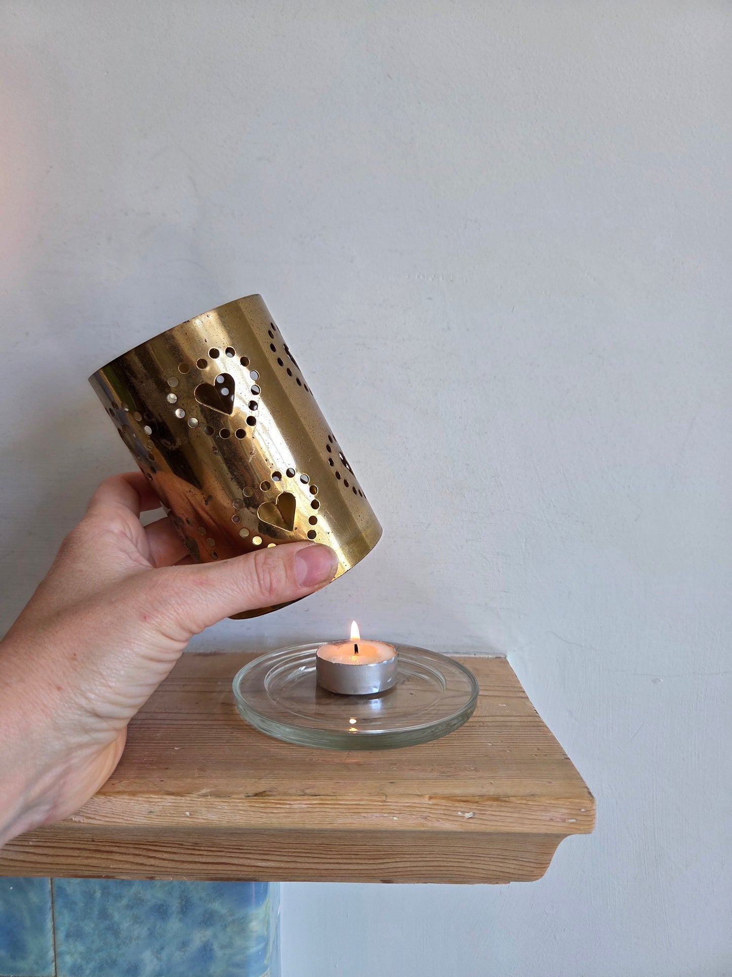 Brass Tealight Shade with Heart Cutouts on Glass Candle Plate