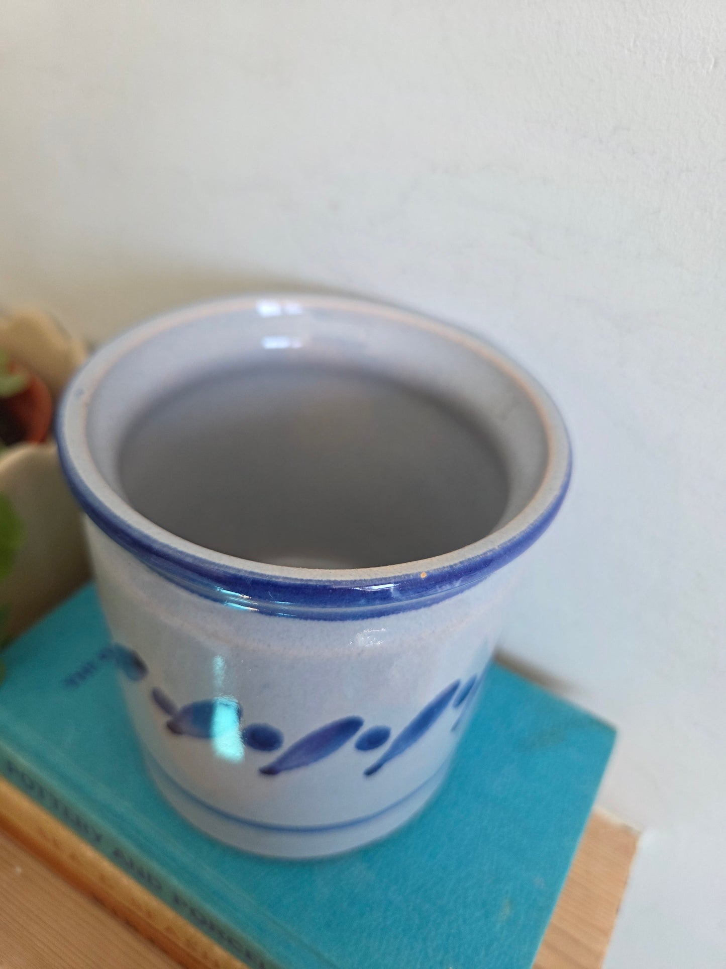Vintage Swedish Ceramic Pot with Blue Hand Painted Glaze