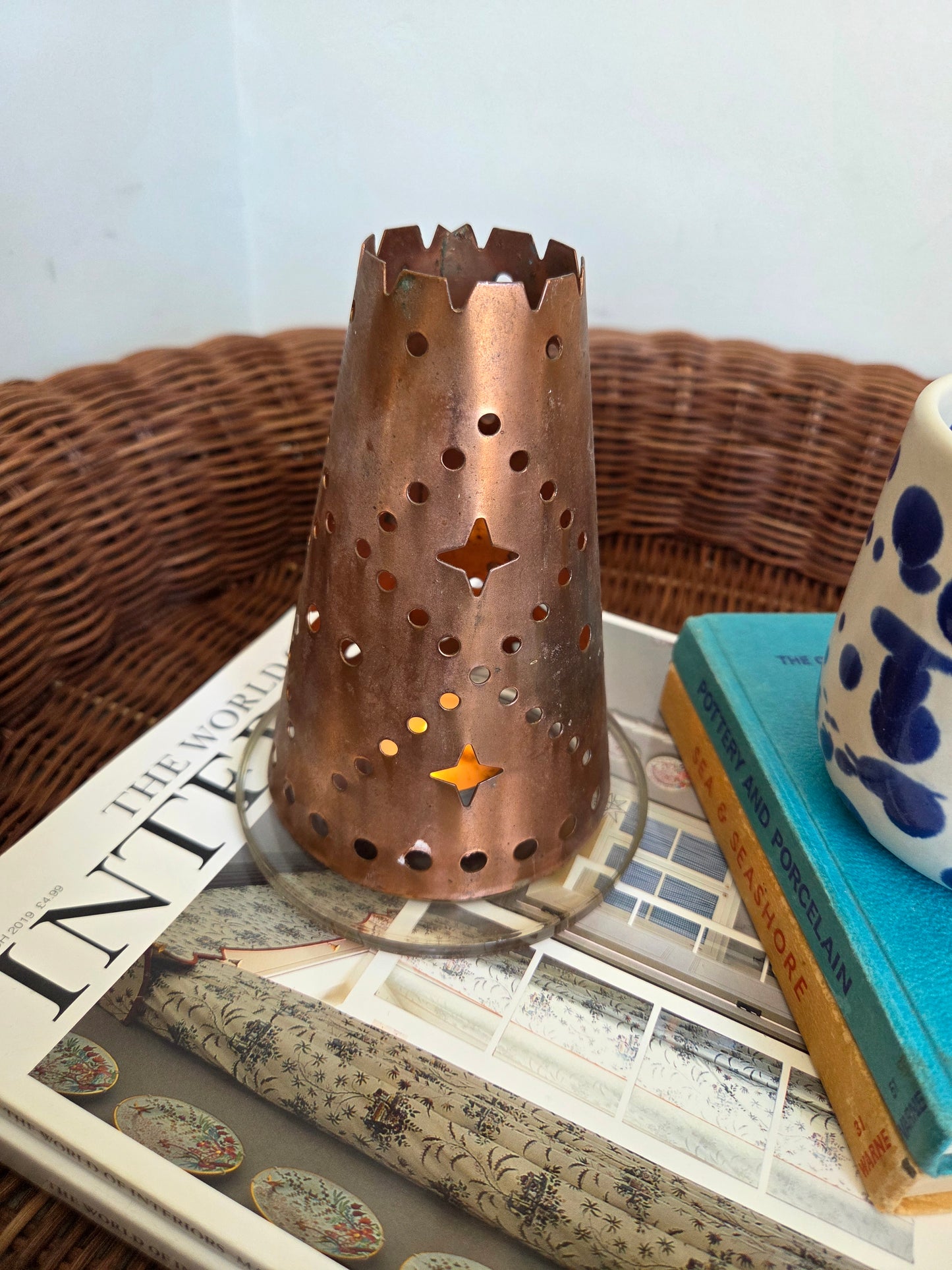 Copper Tealight Shade with Star Cutouts on Glass Candle Plate