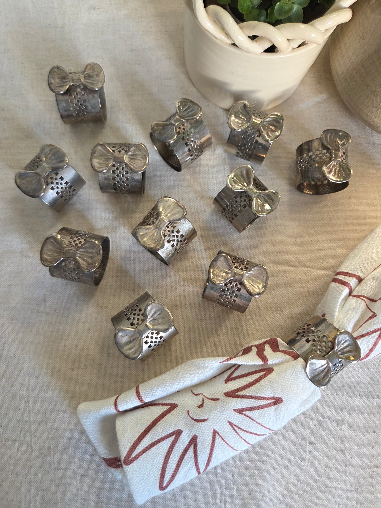 12 Fretwork Silver Bows Vintage Napkin Rings